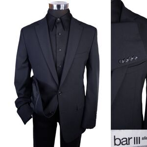 BAR III Men's Blazer Black Sz 42L Sport Coat Slim-Fit Solid Two Button Wool Blnd